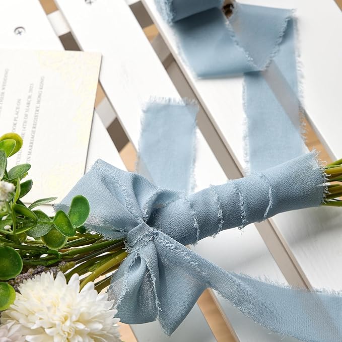 Dusty Blue Chiffon Ribbon 1.5" x 21 Yd Handmade Fringe Silk Chiffon Fabric Ribbon for Gift Wrapping Wedding Invitation Bridal Flower Bouquet DIY Crafts Home Decor