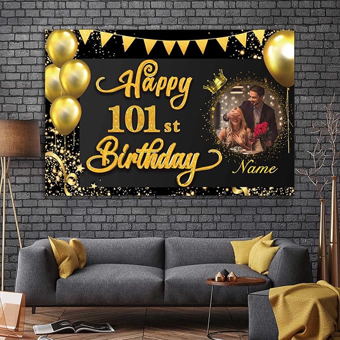 Custom 101st Birthday Banner - 101 Years Old Decorations Backdrop for Women, Men, Boys & Girls - Personalized Happy Birthday Party Decorations - Black & Gold