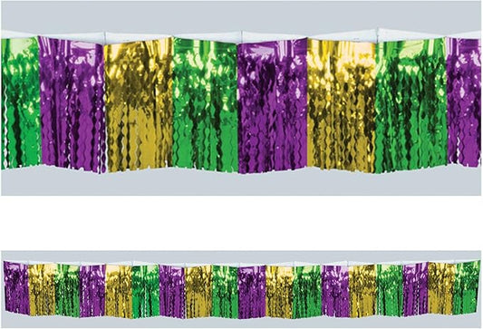 Beistle 2-Ply Metallic Fringe Drape, Purple/Green/Yellow Mardis Gras Hanging Decorations for Windows, Tables, & Walls, Indoor & Outdoor, 2" x 12'