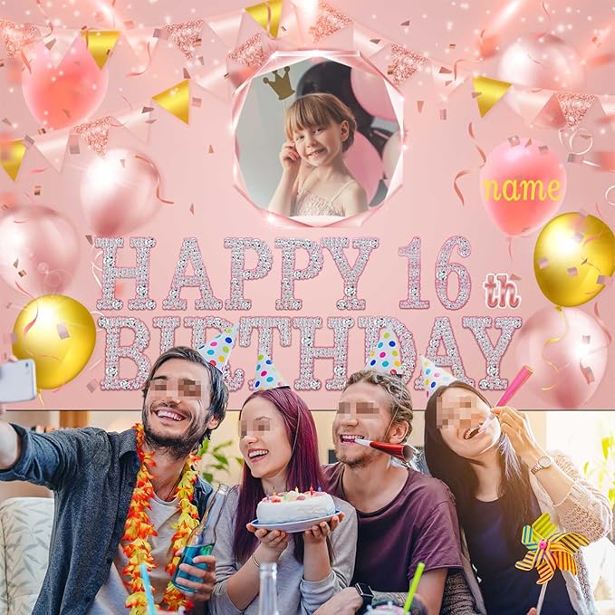 Dicodes Custom Rose Gold Pink Theme Birthday Banner for Party Happy Birthday Backdrop Decoration Personalized with Name and Photo