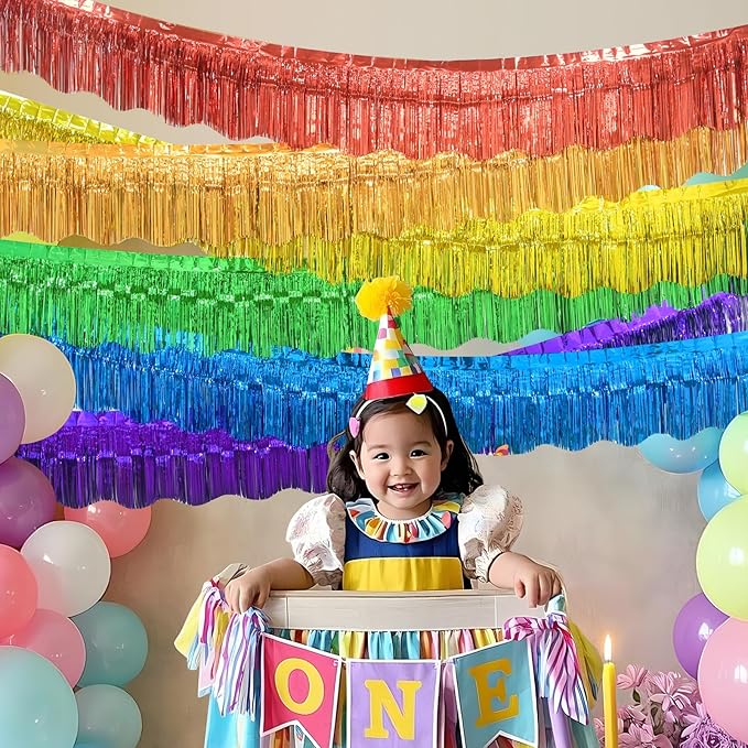 LOLStar Rainbow Foil Fringe Garland Pride Decorations, 6 Pack 59Ft Rainbow Tinsel Metallic Glitter Banner, Hanging Tinsel Fringe Banners for Birthday Pride Month Parade Floats Wedding Decor