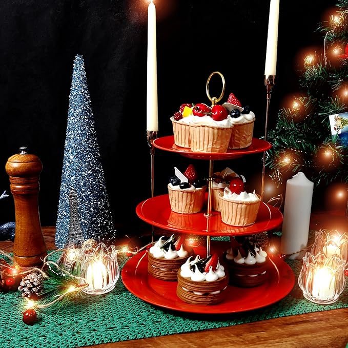 TP 3-Tier Cupcake Stands Melamine Dessert Stands Fruit Candy Display Tower for Wedding Birthday Tea Party and Baby Shower (2Pcs-Red)