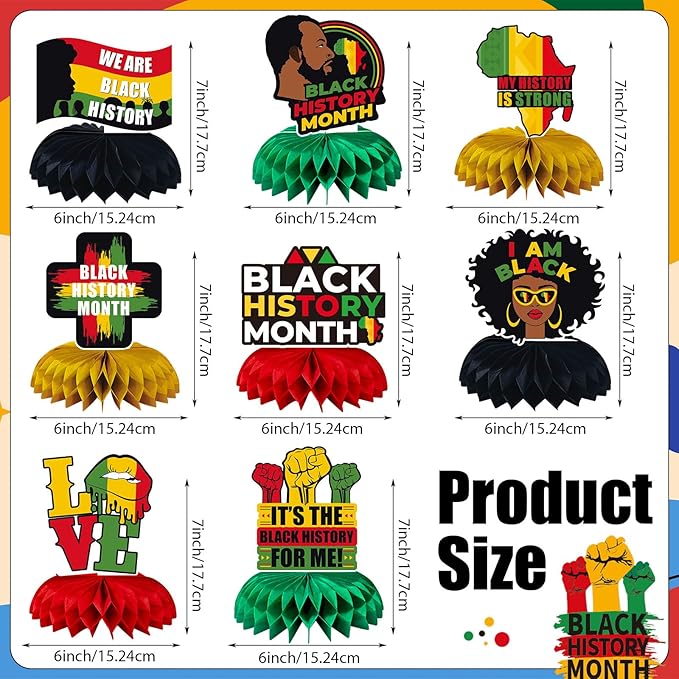JULMELON 8PCS Black History Month Table Decorations, 3D Double Sided Black History Month Table Centerpieces, African American Honeycomb Office Decor for Party