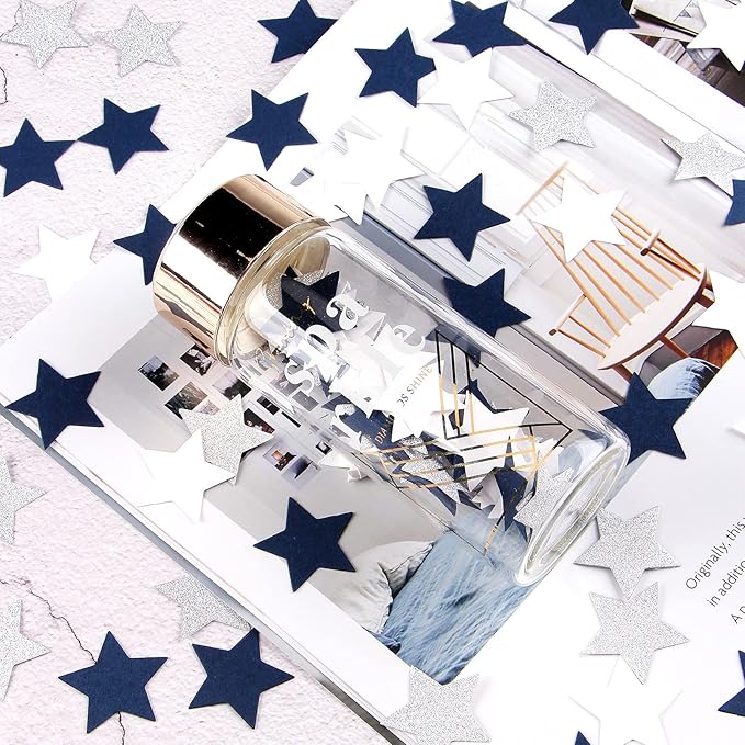 300pcs Navy Blue White Silver Confetti,Glitter Paper decor Twinkle Little Star Table Confetti,Birthday Graduation 2024 Fathers Day Wedding Baby Shower Party Decorations Circle Dots Lasting Surprise
