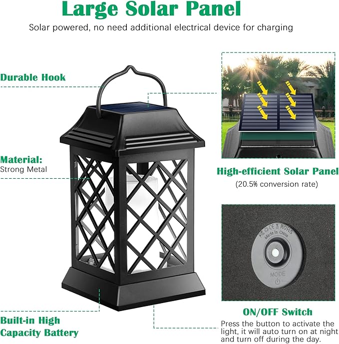 TomCare Solar Lights Outdoor Flickering Flame Metal Solar Lantern Outdoor Hanging Decorative Lanterns Heavy Duty Waterproof Umbrella Decorations Lighting for Patio Garden Deck Yard, 2 Pack (Black)