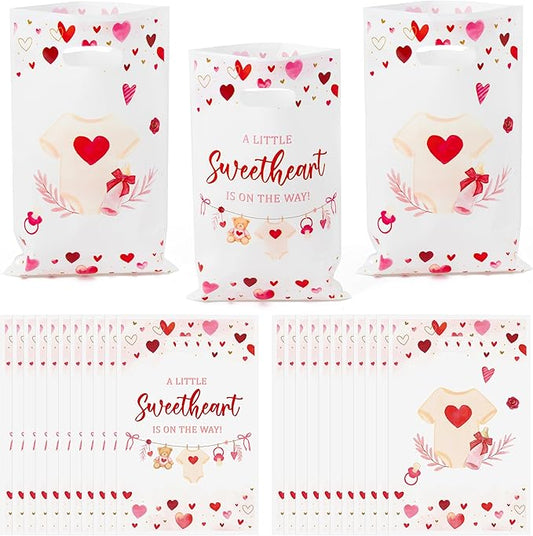 Haooryx Baby Shower Party Favor Bag - 50 Pcs Sweet Heart Plastic Goodie Red Love Heart Candy Treat Bag with Handle Gift Wrap Decor for Baby Shower Girl Kid Birthday Gift Wrap Decoration Party Favor