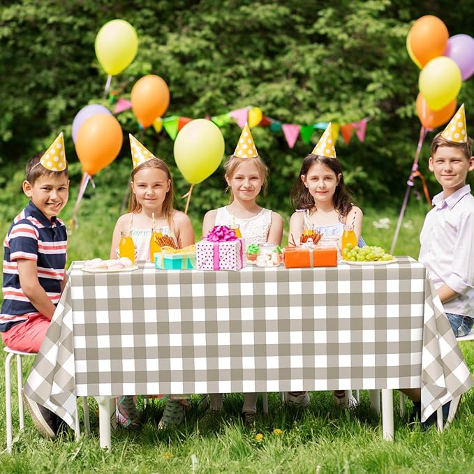 WNINK 6 Pack Brown Checkered Rectangular Plastic Tablecloths, Brown and White Gingham Waterproof Disposable Table Covers 54" x 108" for Birthday, Baby Shower, Wedding, Outdoor Picnic Parties