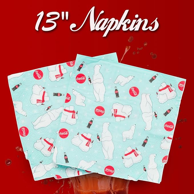 Silver Buffalo Coca-Cola Polar Bears Christmas Tree 32 Pack Partyware Disposable Paper Plates and Napkins