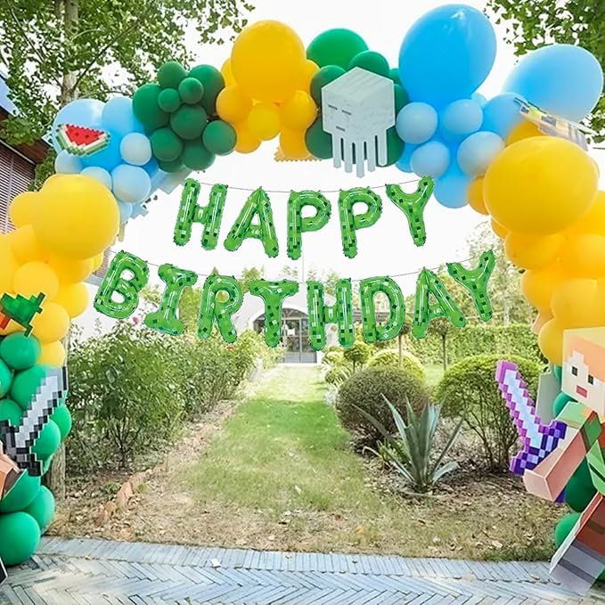 Green Pixel Miner Theme Happy Birthday Balloons Banner 16 Inch Letters, Inflatable Party Decor and Birthday Decorations for Women, Men, Boys & Girls Kids and Adults, Party Supplies