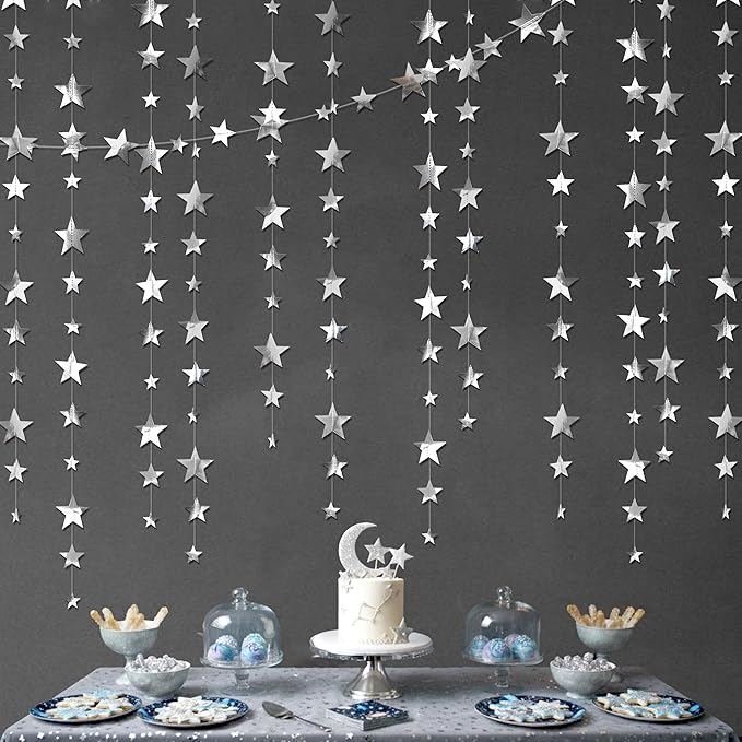 Cheerland 157ft Silver Star Garland Star Party Decorations Hanging Stars Prom Decoration 2026 Graduation Decor Paper Stars Streamer Banner Backdrop Shiny Starry Night Twillight Birthday Party Supplies