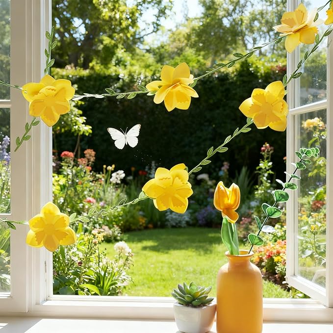 2PCS Yellow Flower Garland, Narcissus Party Decorations, Daffodil Flower Leaves Banner, Spring Wildflower Garland for Birthday Baby Shower Wedding Garden Decor