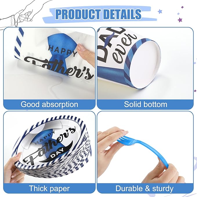 Kochorie 144 Pieces Father's Day Party Tableware Sets Including Disposable Plates Napkins Cups Forks Serves 24 for Father's Day Decorations Dad Grandpa Celebration Happy Father's Day Party Supplies