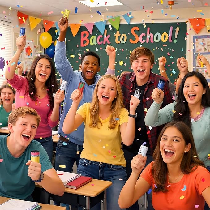 Outus Back to School Ready Confetti Cannon Colorful Paper Poppers Teacher Appeciation Gifts Celebration Pencil Crayon Ruler Apple Composition Notebook Confetti Kit Favor Decorations