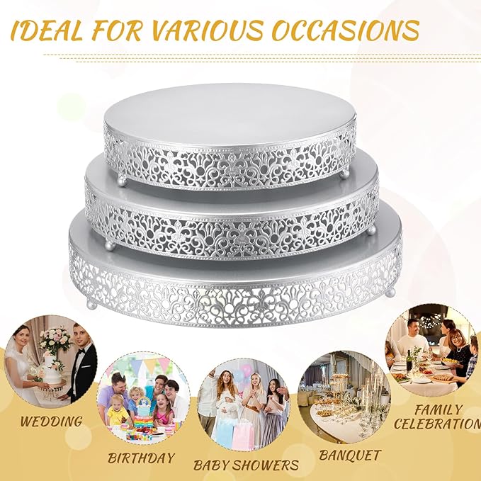 Wenqik 3 Pcs 16'' 14'' 12'' Metal Silver Cake Stand Round Cake Stands for Dessert Table Cookies Fruit Serving Tray Cupcake Dessert Pastry Riser for Wedding Birthday Party and Events