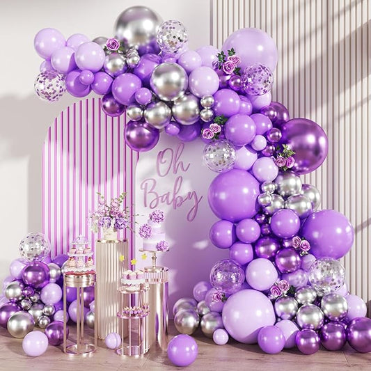 MEBAY Purple Silver Balloon Arch Kit, 147PCS Pastel Purple Matte Lavender Violet Metallic Lilac Silver Confetti Balloons Garland for Baby Girl Princess Party Birthday