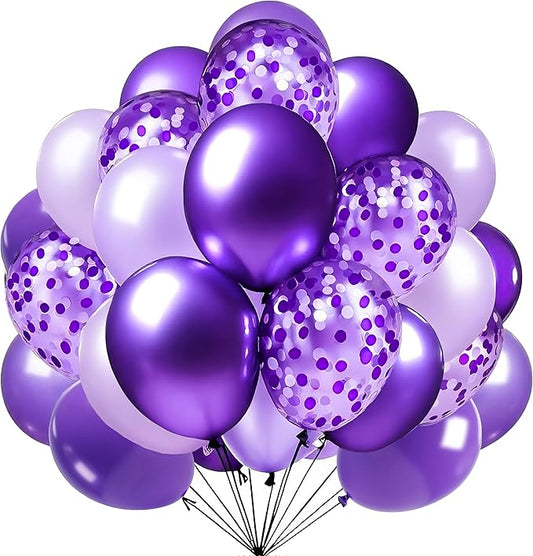 Firomi Metallic Purple Balloons Set 12-inch 70 Pack Chrome Purple and Premium Latex Lavender Lilac and Purple Confetti Balloons for Birthday Bridal Shower Wedding Party (with 2 Ribbons)