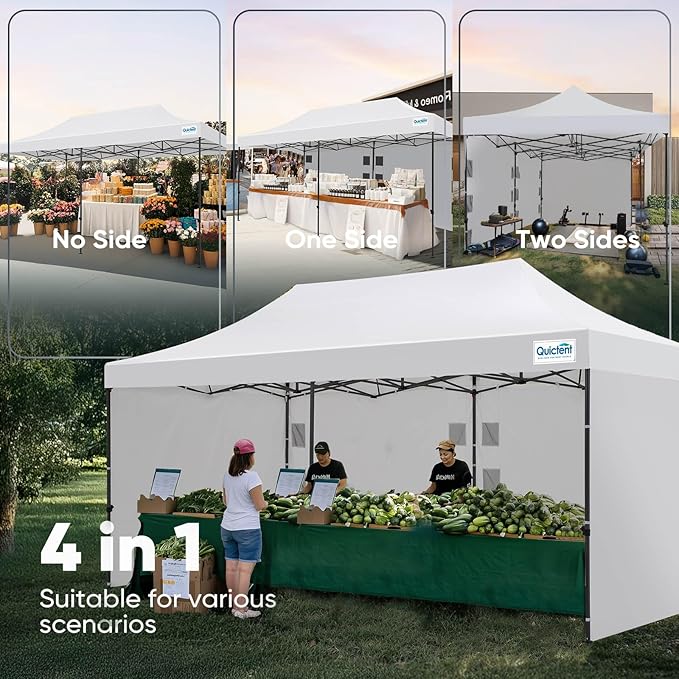 Quictent 10x20 Heavy Duty Pop up Canopy Tent with 3 Removable Sidewalls, Commercial Grade Instant Shelter with Wheeled Bag for Outdoor, Parties, Markets, 600D PU Coated UPF 50+ Sun Shield