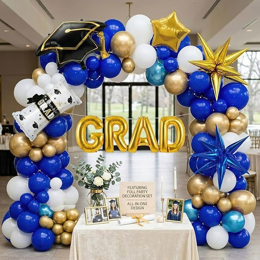 146PCS Graduation Decorations Class of 2026-Blue and Gold Balloon Arch Kit, 3D Explosive Star Foil Balloons, GRAD Letter Balloons, Graduation Cap & Diploma Foil for Congrats Grad Party Supplies