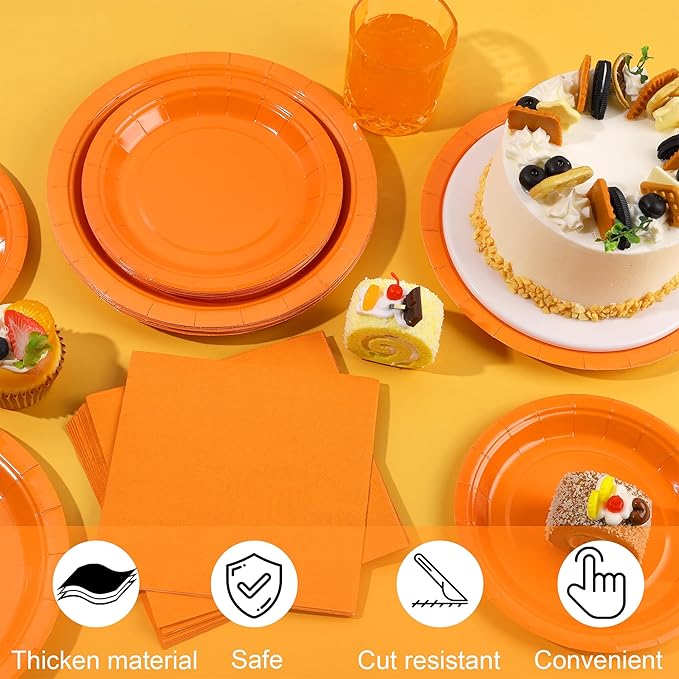 Ruisita 48 Pieces Orange Party Supplies Orange Tableware Including 7 Inch and 9 Inch Paper Dinner Plates 2 Ply Napkins for Wedding, Birthday Party, Picnic, Barbecue (Serves 16)