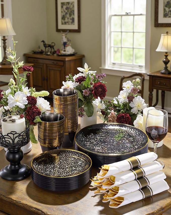 Hioasis 175pcs Black Gold Plastic Plates - Black Plastic Dinnerware Set Includes 25 Dinner Plate, 25 Dessert Plate, 25 Cups, 25 Napkins Perfect for Wedding & Party