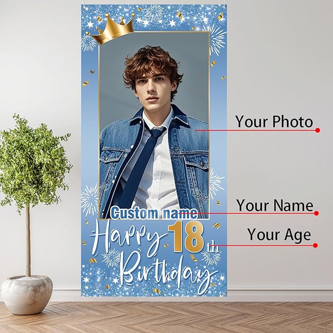 Personalized Happy Birthday Door Banner with Photo Custom Name Birthday Decorations Party Supplies for Women Men (Blue and Gold)