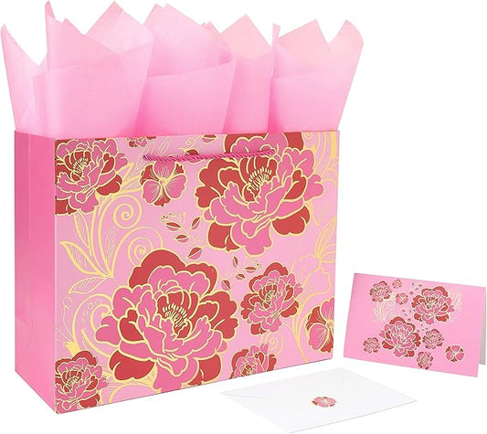 13" Large Rose Pink Gift Bag Set with Greeting Card and Tissue Paper(Foil Traced Flowers) for Celebrating Birthdays, Mother's Day, Valentine's Day, Weddings, Anniversaries - 13”x5.2”x10.2”,1 Pcs.