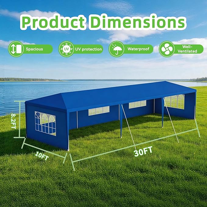 10' x 30' Outdoor Canopy Tents with 5 Detachable Sidewalls, Blue Patio Gazebo Tents, Shade Shelters for Birthday, Events, Party, Wedding, Gatherings and Patio