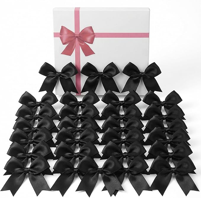 Black Gift Wrap Bows – 100 Pcs 3.3 Inch Elegant Satin Ribbon Bows for Men's Gifts & Black Tie Wedding – Halloween Decor, Formal Events, Gift Wrapping, Party Decorations (Includes 50 Adhesive)