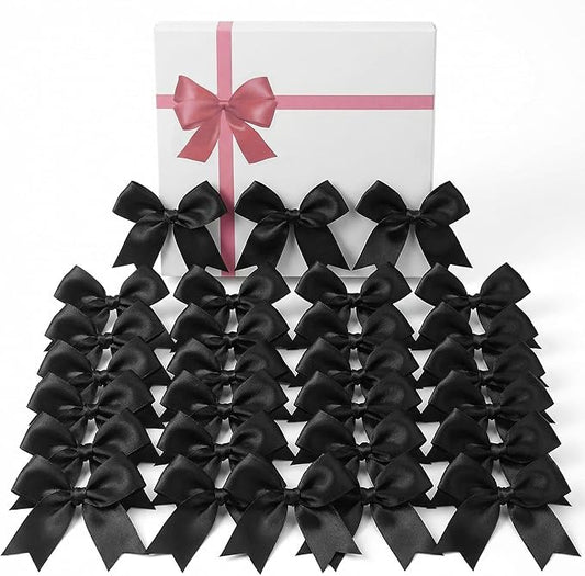 Black Gift Wrap Bows – 100 Pcs 3.3 Inch Elegant Satin Ribbon Bows for Men's Gifts & Black Tie Wedding – Halloween Decor, Formal Events, Gift Wrapping, Party Decorations (Includes 50 Adhesive)