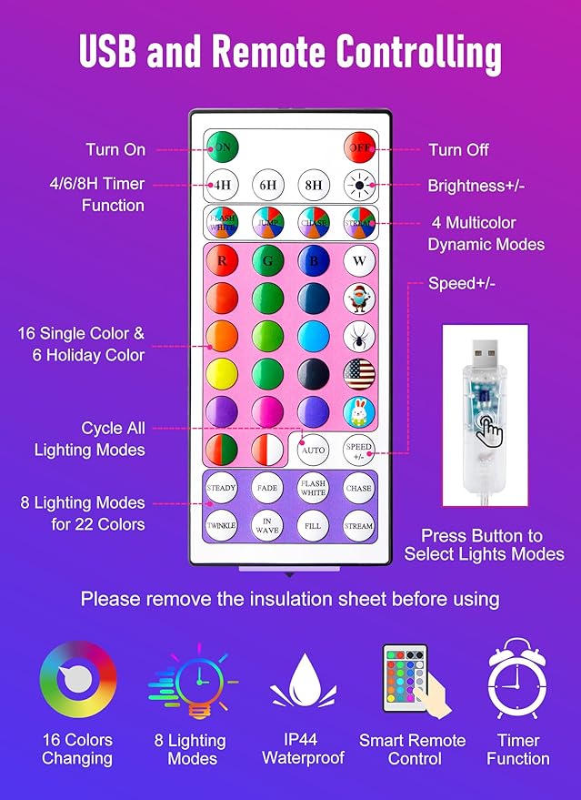 Minetom Fairy Lights Color Changing - 33FT 100 LED String Light with Remote, 16 Single Colors & 6 Holiday Colors,12 Modes, USB Fairy Lights for Bedroom, 4th of July Light for Indoor Classroom