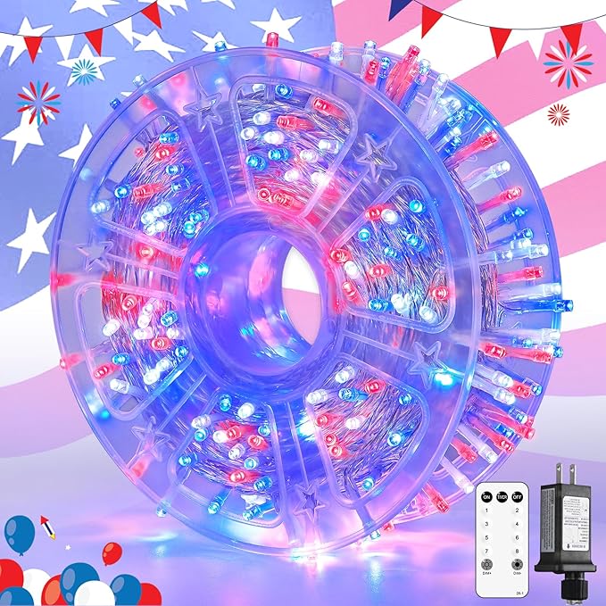 JMEXSUSS 400 LED Red White and Blue Lights Outdoor, 132FT 4th of July Lights Indoor, 8 Modes Patriotic String Light for Memorial Day Independence Day Decoration
