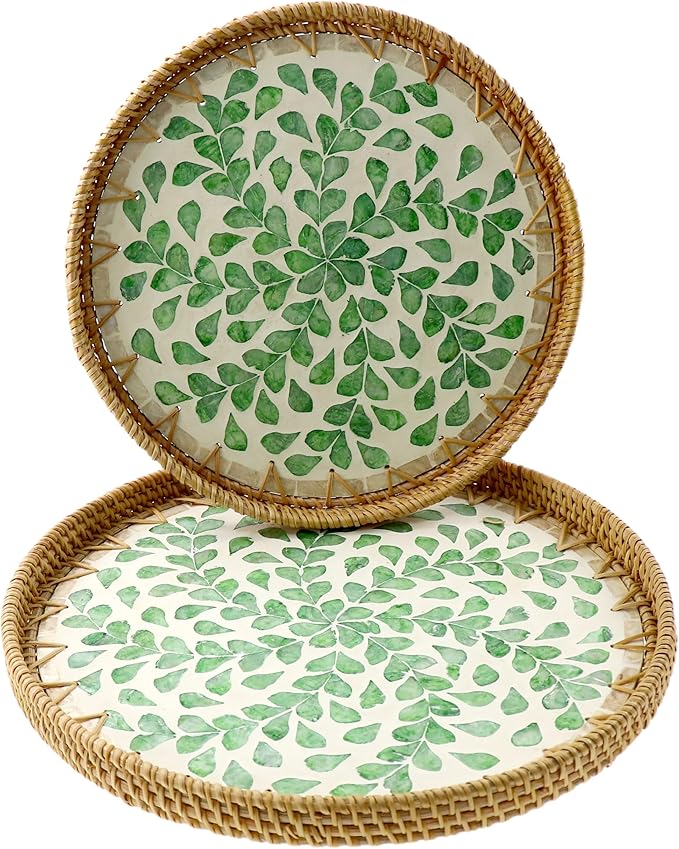 Round Rattan Tray with Mother of Pearl Inlay, Handwoven Wicker Coffee Table Serving Basket Tray for Fruit Snack Party Picnic Cafe Bedroom Kitchen Home Decor Set of 2 (Green Willow)
