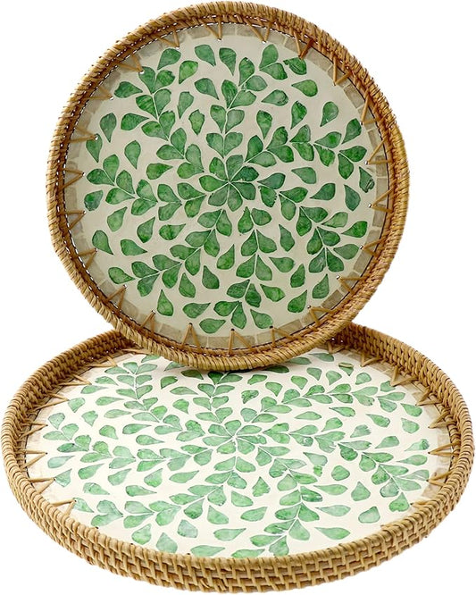 Round Rattan Tray with Mother of Pearl Inlay, Handwoven Wicker Coffee Table Serving Basket Tray for Fruit Snack Party Picnic Cafe Bedroom Kitchen Home Decor Set of 2 (Green Willow)