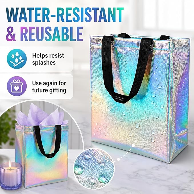 MAQIHAN 6 Pcs Iridescent Gift Bags Bulk - Mother's Day Iridescent Glossy Gifts Bags Medium Size,Reusable Gift Bag with Handles for Birthday Party, Wedding, Party Favor, Christmas, Easter