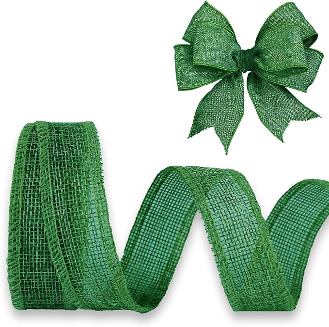 Dark Green Burlap Ribbon 1 inch X 10 Yard Natural Dark Green Woven Ribbon DIY Handmade Solid Wired Edging Production Wreath Holiday Decoration Gift Ribbon for Gift Wrapping Dark Green Ribbon