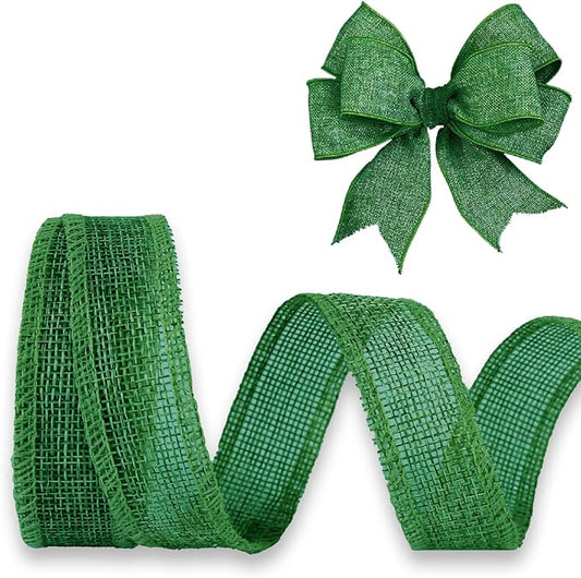 Dark Green Burlap Ribbon 1 inch X 10 Yard Natural Dark Green Woven Ribbon DIY Handmade Solid Wired Edging Production Wreath Holiday Decoration Gift Ribbon for Gift Wrapping Dark Green Ribbon