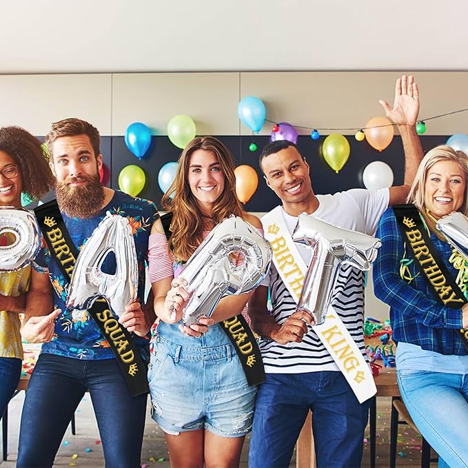 7 Pcs Birthday King Sash and Birthday Squad Sashes Set, Funny Bday Sashes for Men Bday Party Supplies Gifts Favors, Black+White (Gold Letters)