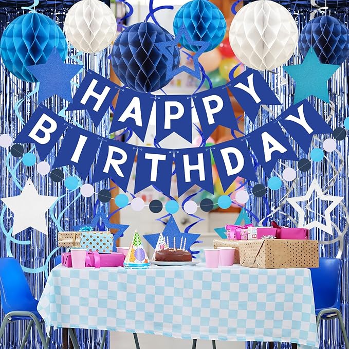ZERODECO Birthday Decorations, Happy Birthday Banner with Paper Honeycomb, Star Hanging Swirl, Fringe Curtain, Garland, Birthday Party Decorations for Women Men Boys Girls (Navy Blue)