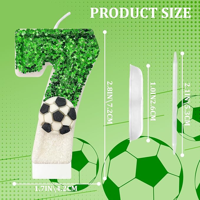 Birthday Candles，Soccer Birthday Decorations，Soccer Cake Topper,for Girl and boy Cake Toppers, Wedding Cakes, Anniversaries, Party Celebrations, Birthday Decorations (Green White, Number 7)