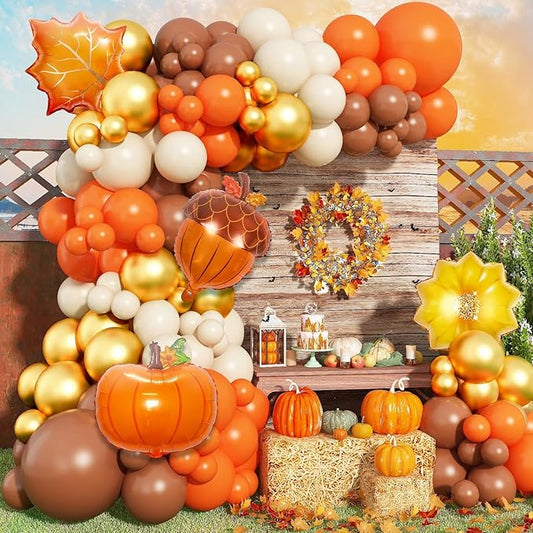 Fall Party Decoration Balloon Arch Kit, Orange Burgundy Brown Beige White Balloons with Maple Leaves Pumpkin Foil Balloons Garland for Thanksgiving Autumn Harvest Birthday Baby Shower Decor Supplies