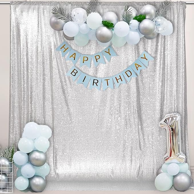 PartyDelight Silver Sequin Backdrop 6x6ft - High Density 3mm Shimmer Sequin Background with 4-Inch Rod Pocket, Sparkly Photography Curtain for Birthday, Disco, TikTok & Live Decor