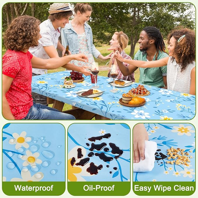 Picnic Table Cover with Bench Covers Portable Table Cloth Built-in Storage Pocket Fitted Tablecloth with Elastic Edges Waterproof Camping Essentials for Indoor Outdoor Rv,72in,Light Blue