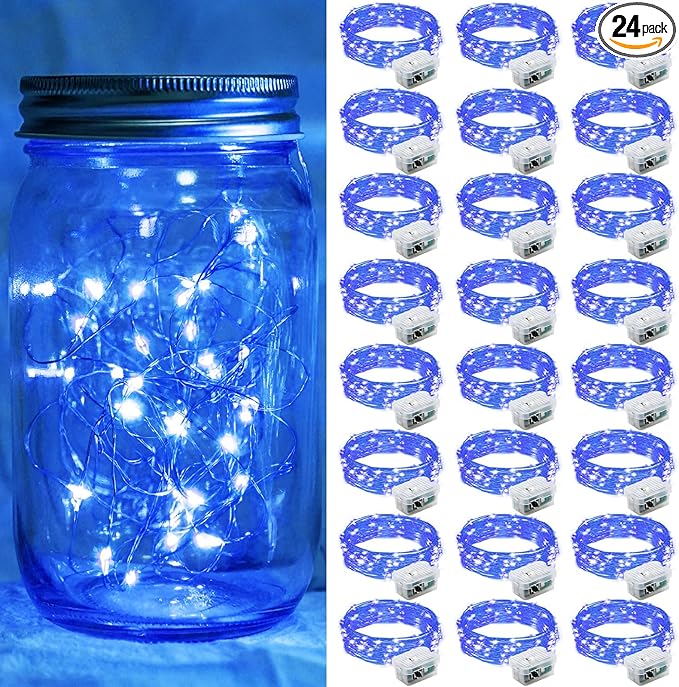 24 Pack Blue Fairy Lights 7Ft 20 LED Twinkle String Lights 3 Modes Battery Operated Waterproof Firefly Starry for Mason Jar Wedding Party 4th of July Christmas Day Table Centerpieces