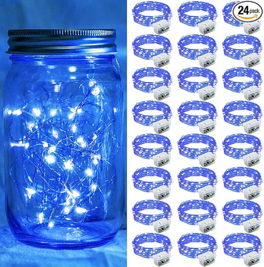 24 Pack Blue Fairy Lights 7Ft 20 LED Twinkle String Lights 3 Modes Battery Operated Waterproof Firefly Starry for Mason Jar Wedding Party 4th of July Christmas Day Table Centerpieces