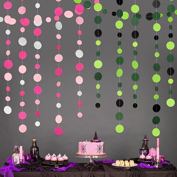 Cheerland Green and Pink Dot Garland Witch Princess Halloween Party Decorations Halloween Hanging Decor Ceiling Birthday Party Supplies Bachelorette Backdrop Decoration Theater Musical Streamers Decor