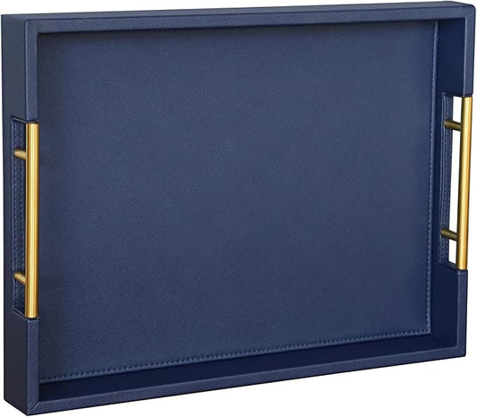 HofferRuffer Faux Leather Serving Tray with Gold Metal Handles, Stylish Decorative Tray Organizer for Coffee Table, Ottoman, Home Decor and Serving (Blue, 16.2" x 12.2" x 2")