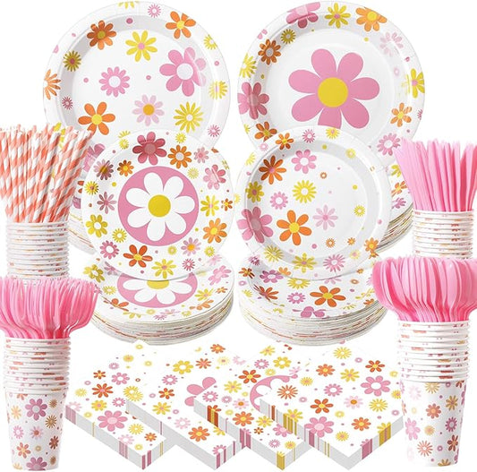450 Pcs Daisy Groovy Tableware Set Decorations Boho Daisy Flower Paper Plates Napkins Cups Cutlery Straws for Boho Hippie Retro Birthday Baby Bridal Shower Wedding Tea Party, Serves 50