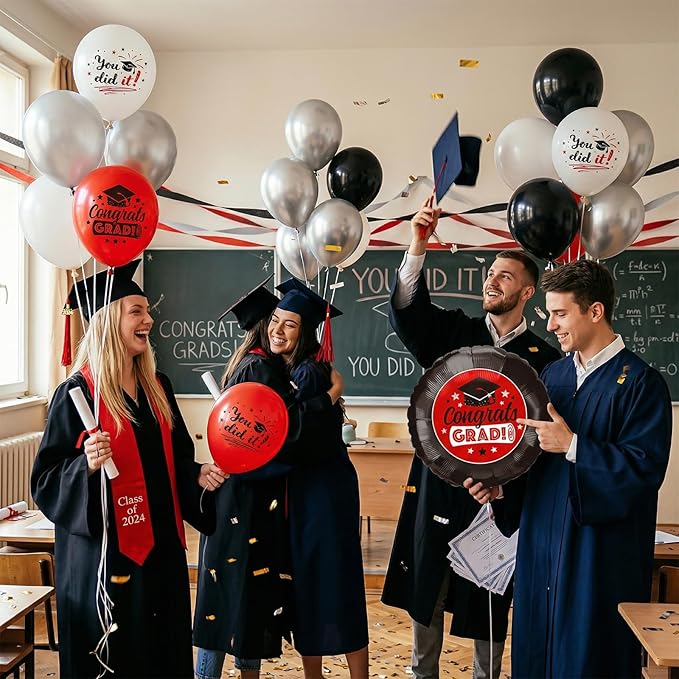 Red Black Silver Graduation Balloons, 60pcs Red Silver Black White Printed Balloons, Congrats Grad Foil Balloon for Graduation 2026 Decorations Celebration Anniversary Party Supplies
