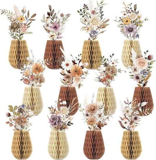 12 PCS Spring Boho Flower Honeycomb Centerpieces for Wildflower Party Table Decorations 3D Boho Floral Table Centerpieces Wildflower Tables Toppers for Wedding Birthday Baby Shower Party Home Decor
