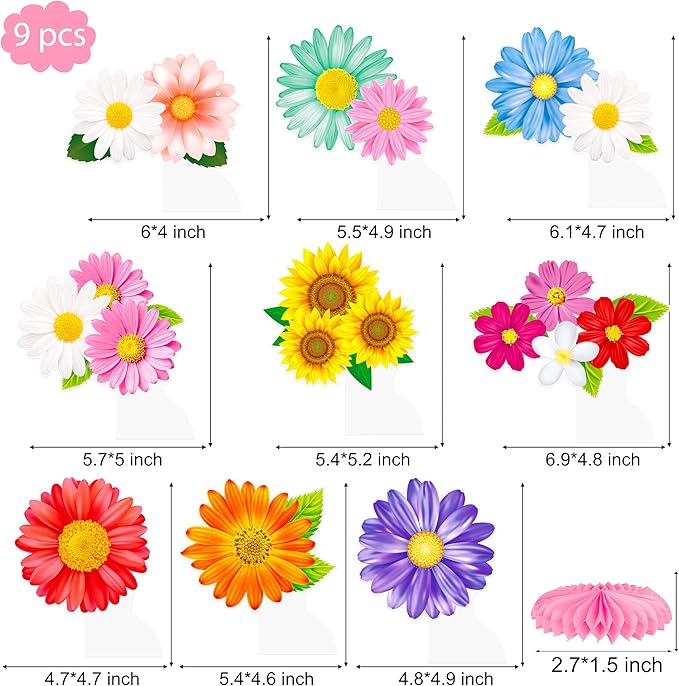 9Pcs Colorful Flower Honeycomb Centerpieces Summer Floral Party Centerpieces Sunflower Daisy Table Decorations for Summer, Spring, Baby Shower & Birthday Party